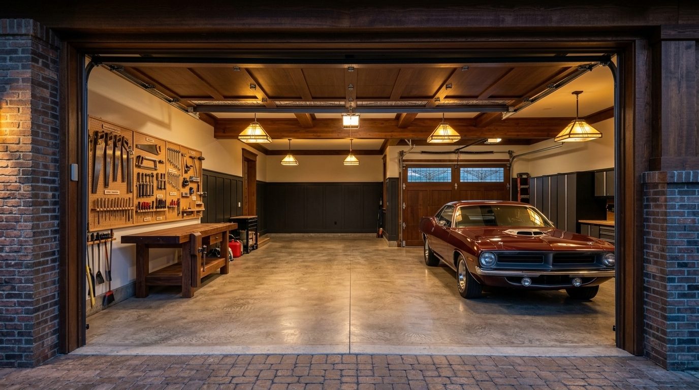 Brown Garage Door Service Interior View of Custom Garage Door Overhead and Workshop